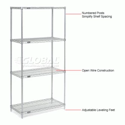 Nexel® Chrome, 4 Tier, Wire Shelving Starter Unit, 24"W x 18"D x 74"H -Shelving Sales Store 188296 1wco