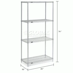 Nexel® Chrome, 4 Tier, Wire Shelving Starter Unit, 24"W x 18"D x 74"H -Shelving Sales Store 188296 dim