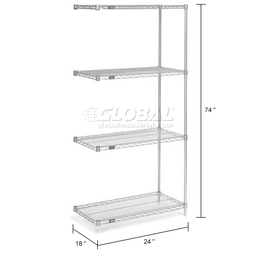 Nexel® Chrome, 4 Tier, Wire Shelving Add-On Unit, 24"W x 18"D x 74"H 10 Nexel® Chrome, 4 Tier, Wire Shelving Add-On Unit, 24"W x 18"D x 74"H - Image 10