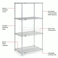 Nexel® Stainless Steel, 4 Tier, Wire Shelving Starter Unit, 36"W x 24"D x 74"H 21 Nexel® Stainless Steel, 4 Tier, Wire Shelving Starter Unit, 36"W x 24"D x 74"H -Shelving Sales Store 189412 1wco