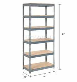 Global Industrial Extra Heavy-Duty Wood Deck Shelving, 6 Shelves, 36"W x 12"D x 84"H -Shelving Sales Store 255508 dim