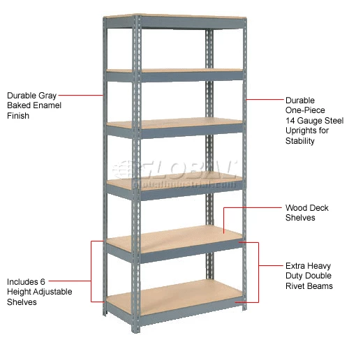 Global Industrial Extra Heavy Duty Shelving 36"W x 24"D x 72"H With 6 Shelves, Wood Deck, Gry 12 Global Industrial Extra Heavy Duty Shelving 36"W x 24"D x 72"H With 6 Shelves, Wood Deck, Gry - Image 12