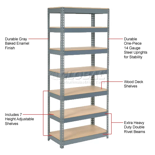 Global Industrial Extra Heavy Duty Shelving 36"W x 18"D x 96"H With 7 Shelves, Wood Deck, Gry 12 Global Industrial Extra Heavy Duty Shelving 36"W x 18"D x 96"H With 7 Shelves, Wood Deck, Gry - Image 12