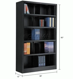Interion By Global Industrial Interion® All Steel Bookcase 36" W x 12" D x 60" H Black 5 Openings 35 Interion By Global Industrial Interion® All Steel Bookcase 36" W x 12" D x 60" H Black 5 Openings -Shelving Sales Store 277441BK dim