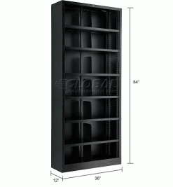 Interion By Global Industrial Interion® All Steel Bookcase 36" W x 12" D x 84" H Black 7 Openings -Shelving Sales Store 277442BK dim