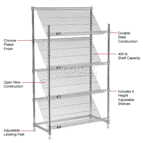 Nexel® Chrome, 4 Tier, Slant Wire Shelving, Starter Unit, 48"W x 18"D x 63"H 10 Nexel® Chrome, 4 Tier, Slant Wire Shelving, Starter Unit, 48"W x 18"D x 63"H - Image 10