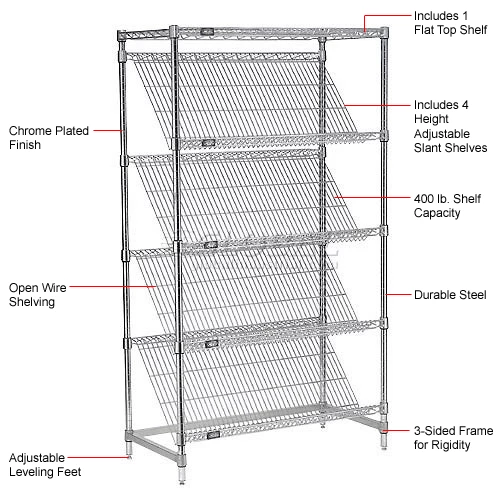 Nexel® Chrome, 5 Tier, Slant Wire Shelving, Starter Unit, 36"W x 18"D x 74"H 11 Nexel® Chrome, 5 Tier, Slant Wire Shelving, Starter Unit, 36"W x 18"D x 74"H - Image 11
