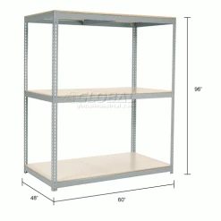 Global Industrial Wide Span Rack 60Wx48Dx96H, 3 Shelves Laminated Deck 1200 Lb Per Level, Gray -Shelving Sales Store 504641GY dim