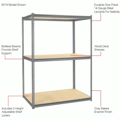 Global Industrial High Cap. Starter Rack 60Wx36Dx84H 3 Levels Wood Deck 1500lb Per Shelf GRY -Shelving Sales Store 580894GYIN 1wco