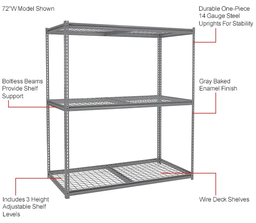 Global Industrial High Cap. Starter Rack 72'Wx48Dx84H 3 Levels Wire Deck 1000lb Per Shelf GRY 14 Global Industrial High Cap. Starter Rack 72'Wx48Dx84H 3 Levels Wire Deck 1000lb Per Shelf GRY - Image 14