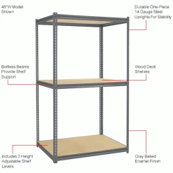 Global Industrial High Cap. Starter Rack 48Wx24Dx96H 3 Levels Wood Deck 1500lb Per Shelf GRY -Shelving Sales Store 580926GYIN 1wco
