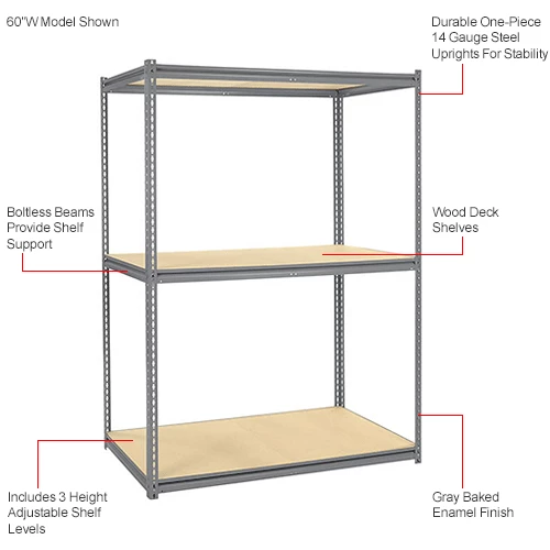 Global Industrial High Cap. Starter Rack 60Wx36Dx96H 3 Levels Wood Deck 1300lb Per Shelf GRY 13 Global Industrial High Cap. Starter Rack 60Wx36Dx96H 3 Levels Wood Deck 1300lb Per Shelf GRY - Image 13
