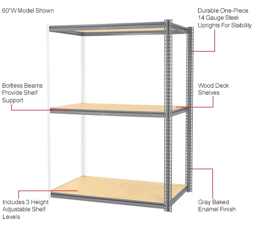 Global Industrial High Cap. Add-On Rack 60Wx24Dx84H 3 Levels Wood Deck 1300 Lb. Per Level GRY 14 Global Industrial High Cap. Add-On Rack 60Wx24Dx84H 3 Levels Wood Deck 1300 Lb. Per Level GRY - Image 14