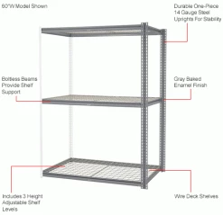 Global Industrial High Cap. Add-On Rack 60Wx24Dx60H 3 Levels Wire Deck 1300 Lb. Per Level GRY 29 Global Industrial High Cap. Add-On Rack 60Wx24Dx60H 3 Levels Wire Deck 1300 Lb. Per Level GRY -Shelving Sales Store 581061GYIN 1wco