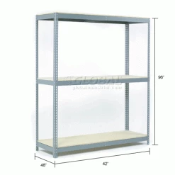 Global Industrial Wide Span Rack 48Wx48Dx96H, 3 Shelves Wood Deck 1200 Lb Cap. Per Level, Gray -Shelving Sales Store 601471A dim
