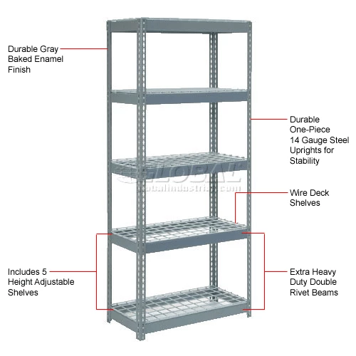 Global Industrial Extra Heavy Duty Shelving 36"W x 18"D x 84"H With 5 Shelves, Wire Deck, Gry 13 Global Industrial Extra Heavy Duty Shelving 36"W x 18"D x 84"H With 5 Shelves, Wire Deck, Gry - Image 13