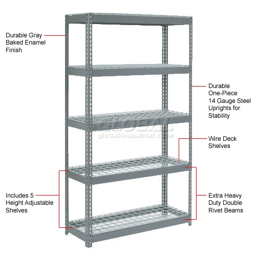 Global Industrial Extra Heavy Duty Shelving 48"W x 24"D x 60"H With 5 Shelves, Wire Deck, Gry 13 Global Industrial Extra Heavy Duty Shelving 48"W x 24"D x 60"H With 5 Shelves, Wire Deck, Gry - Image 13