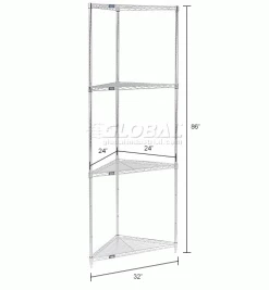 Nexel® Chrome, 4 Tier, Corner Wire Shelving 32"W x 24"D x 86"H -Shelving Sales Store 796622 dim