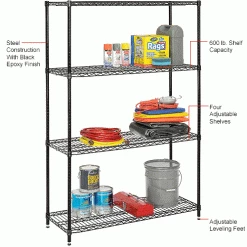 Nexel® Black Epoxy, 4 Tier, Wire Shelving Starter Unit, 48"W x 18"D x 74"H 32 Nexel® Black Epoxy, 4 Tier, Wire Shelving Starter Unit, 48"W x 18"D x 74"H -Shelving Sales Store 798761 1wco