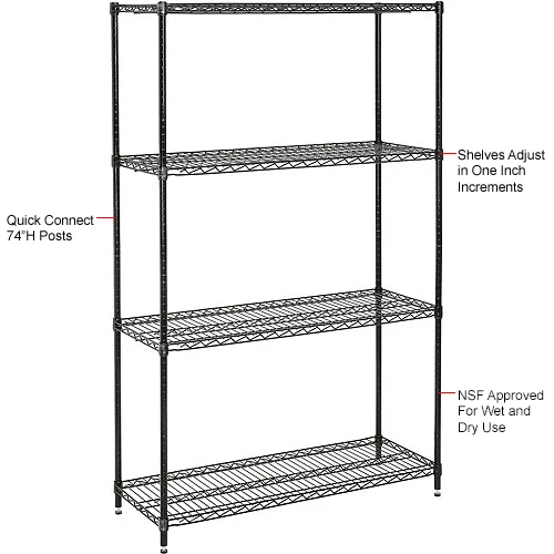 Nexel® Black Epoxy, 4 Tier, Wire Shelving Starter Unit, 48"W x 24"D x 74"H 14 Nexel® Black Epoxy, 4 Tier, Wire Shelving Starter Unit, 48"W x 24"D x 74"H - Image 14