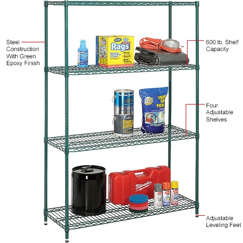 Nexel® Green Epoxy, 4 Tier, Wire Shelving Starter Unit, 48"W x 24"D x 74"H 13 Nexel® Green Epoxy, 4 Tier, Wire Shelving Starter Unit, 48"W x 24"D x 74"H - Image 13