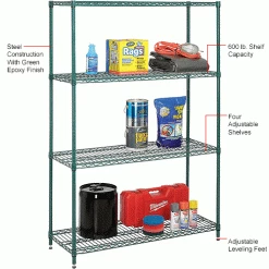 Nexel® Green Epoxy, 4 Tier, Wire Shelving Starter Unit, 48"W x 18"D x 74"H 32 Nexel® Green Epoxy, 4 Tier, Wire Shelving Starter Unit, 48"W x 18"D x 74"H -Shelving Sales Store 798765 1wco 3