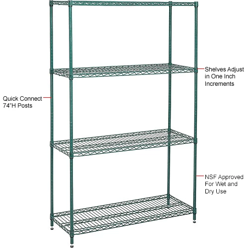Nexel® Green Epoxy, 4 Tier, Wire Shelving Starter Unit, 48"W x 24"D x 74"H 14 Nexel® Green Epoxy, 4 Tier, Wire Shelving Starter Unit, 48"W x 24"D x 74"H - Image 14