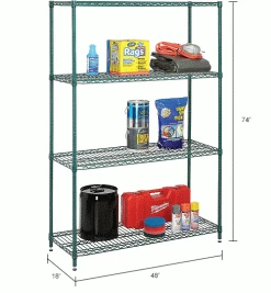 Nexel® Green Epoxy, 4 Tier, Wire Shelving Starter Unit, 48"W x 18"D x 74"H 38 Nexel® Green Epoxy, 4 Tier, Wire Shelving Starter Unit, 48"W x 18"D x 74"H -Shelving Sales Store 798765 dim