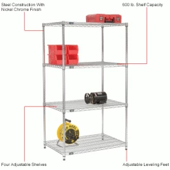 Nexel® Chrome, 4 Tier, Wire Shelving Starter Unit, 36"W X 18"D X 74"H 43 Nexel® Chrome, 4 Tier, Wire Shelving Starter Unit, 36"W X 18"D X 74"H -Shelving Sales Store 798768NCIN 1wco
