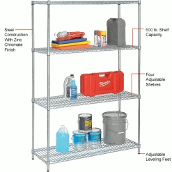 Nexel® Zinc Chromate, 4 Tier, Wire Shelving Starter Unit, 48"W x 18"D x 74"H 32 Nexel® Zinc Chromate, 4 Tier, Wire Shelving Starter Unit, 48"W x 18"D x 74"H -Shelving Sales Store 798769 1wco 3