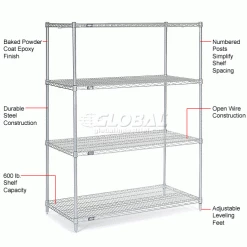 Nexel®, Nexelate®, Silver Epoxy, 4 Tier, Wire Shelving Starter Unit, 48"W x 24"D x 74"H 35 Nexel®, Nexelate®, Silver Epoxy, 4 Tier, Wire Shelving Starter Unit, 48"W x 24"D x 74"H -Shelving Sales Store 990136 1wco 1