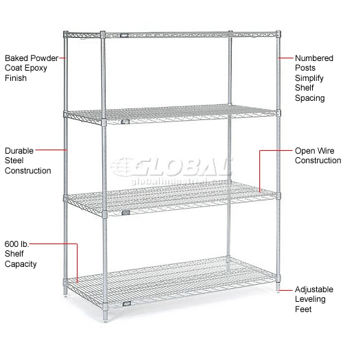 Nexel®, Nexelate®, Silver Epoxy, 4 Tier, Wire Shelving Starter Unit, 48"W x 24"D x 74"H 16 Nexel®, Nexelate®, Silver Epoxy, 4 Tier, Wire Shelving Starter Unit, 48"W x 24"D x 74"H - Image 16