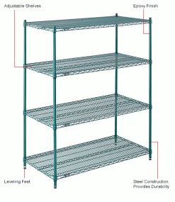 Nexel® Poly-Green®, 4 Tier, Wire Shelving Starter Unit, 48"W x 24"D x 63"H 44 Nexel® Poly-Green®, 4 Tier, Wire Shelving Starter Unit, 48"W x 24"D x 63"H -Shelving Sales Store B1137210 1wco