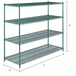 Nexel® Poly-Green®, 4 Tier, Wire Shelving Starter Unit, 72"W x 24"D x 63"H 48 Nexel® Poly-Green®, 4 Tier, Wire Shelving Starter Unit, 72"W x 24"D x 63"H -Shelving Sales Store B1137213 dim