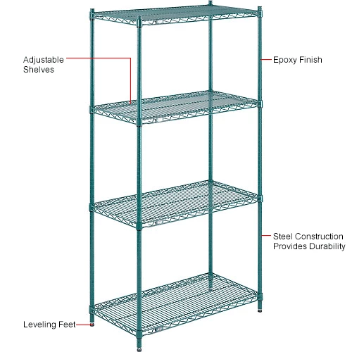 Nexel® Poly-Green®, 4 Tier, Wire Shelving Starter Unit, 36"W x 18"D x 74"H 20 Nexel® Poly-Green®, 4 Tier, Wire Shelving Starter Unit, 36"W x 18"D x 74"H - Image 20