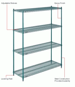 Nexel® Poly-Green®, 4 Tier, Wire Shelving Starter Unit, 54"W x 18"D x 74"H 44 Nexel® Poly-Green®, 4 Tier, Wire Shelving Starter Unit, 54"W x 18"D x 74"H -Shelving Sales Store B1137244 1wco