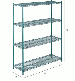 Nexel® Poly-Green®, 4 Tier, Wire Shelving Starter Unit, 54"W x 18"D x 74"H 48 Nexel® Poly-Green®, 4 Tier, Wire Shelving Starter Unit, 54"W x 18"D x 74"H -Shelving Sales Store B1137244 dim