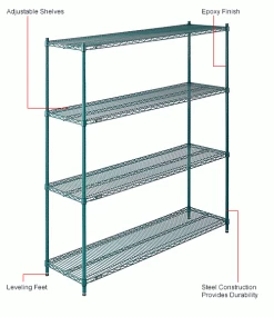 Nexel® Poly-Green®, 4 Tier, Wire Shelving Starter Unit, 60"W x 18"D x 74"H -Shelving Sales Store B1137245 1wco