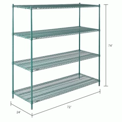 Nexel® Poly-Green®, 4 Tier, Wire Shelving Starter Unit, 72"W x 24"D x 74"H 48 Nexel® Poly-Green®, 4 Tier, Wire Shelving Starter Unit, 72"W x 24"D x 74"H -Shelving Sales Store B1137278 dim