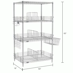 Nexel® Chrome, To Go Rack, 4 Wire Shelves, Dividers & Ledges, 60"W x 18"D x 63"H -Shelving Sales Store B2370626IN dim