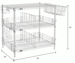 Nexel® Chrome, To Go Rack, 3 Wire Shelves, Dividers & Ledges, 36"W x 24"D x 34"H -Shelving Sales Store B2370731IN dim