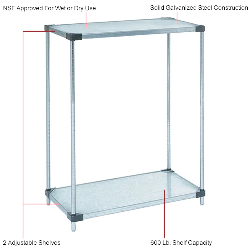 Nexel® Galvanized Steel, 2 Tier, Solid Shelving Starter Unit, 24"Wx18"Dx34"H 9 Nexel® Galvanized Steel, 2 Tier, Solid Shelving Starter Unit, 24"Wx18"Dx34"H - Image 9