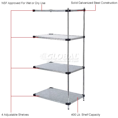 Nexel® Galvanized Steel, 4 Tier, Solid Shelving Add-On Unit, 42"Wx18"Dx54"H 9 Nexel® Galvanized Steel, 4 Tier, Solid Shelving Add-On Unit, 42"Wx18"Dx54"H - Image 9