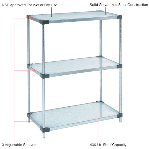 Nexel® Galvanized Steel, 3 Tier, Solid Shelving Starter Unit, 54"Wx24"Dx34"H 9 Nexel® Galvanized Steel, 3 Tier, Solid Shelving Starter Unit, 54"Wx24"Dx34"H - Image 9