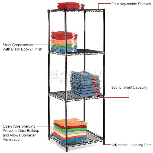 Nexel® Black Epoxy, 4 Tier, Wire Shelving Starter Unit, 24"W x 24"D x 74"H 12 Nexel® Black Epoxy, 4 Tier, Wire Shelving Starter Unit, 24"W x 24"D x 74"H - Image 12