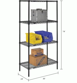 Nexel® Black Epoxy, 4 Tier, Wire Shelving Starter Unit, 36"W x 24"D x 74"H 36 Nexel® Black Epoxy, 4 Tier, Wire Shelving Starter Unit, 36"W x 24"D x 74"H -Shelving Sales Store B970200 dim