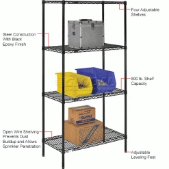 Nexel® Black Epoxy, 4 Tier, Wire Shelving Starter Unit, 30"W x 24"D x 74"H 30 Nexel® Black Epoxy, 4 Tier, Wire Shelving Starter Unit, 30"W x 24"D x 74"H -Shelving Sales Store B970214 1wco 1