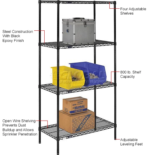 Nexel® Black Epoxy, 4 Tier, Wire Shelving Starter Unit, 36"W x 24"D x 74"H 12 Nexel® Black Epoxy, 4 Tier, Wire Shelving Starter Unit, 36"W x 24"D x 74"H - Image 12